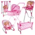 Complete baby doll set: crib, swing, rocking chair, and high chair.